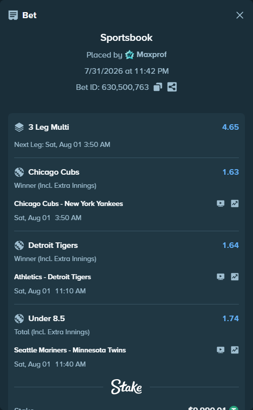 Bet slip: Chicago Cubs - New York Yankees, $10,000.00 stake at 1.63 odds, placed by Maxprof