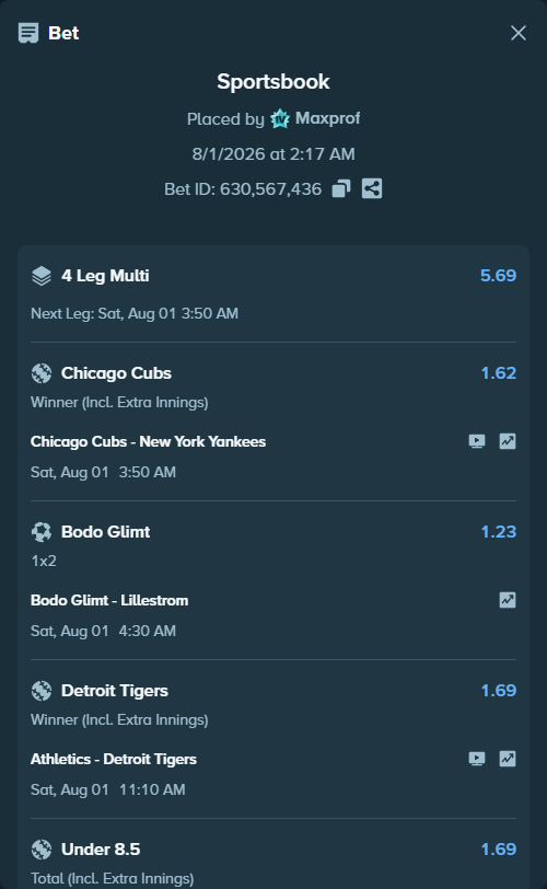 Bet slip: Chicago Cubs - New York Yankees, $10,000.00 stake at 1.62 odds, placed by Maxprof