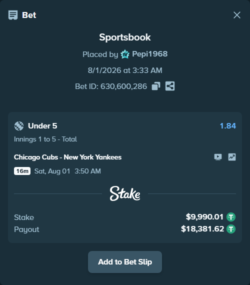 Bet slip: Chicago Cubs - New York Yankees, $10,000.00 stake at 1.84 odds, placed by Pepi1968