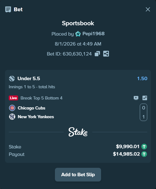 Bet slip: Chicago Cubs - New York Yankees, $10,000.00 stake at 1.50 odds, placed by Pepi1968
