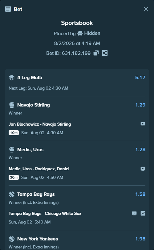 Bet slip: Chicago Cubs - New York Yankees, $29,425.10 stake at 1.98 odds, placed by Hidden