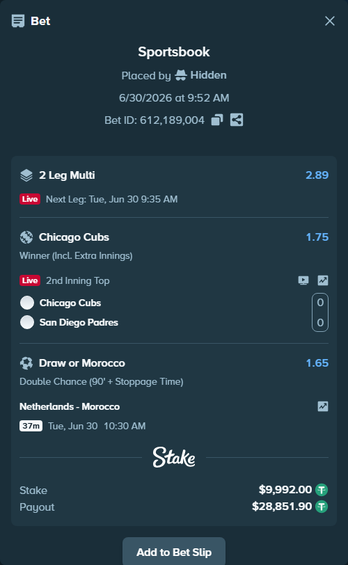 Bet slip: Chicago Cubs - San Diego Padres, $10,001.99 stake at 1.75 odds, placed by Hidden