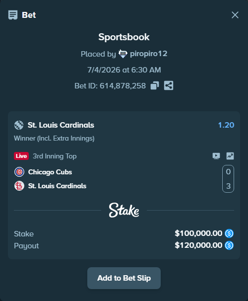 Bet slip: Chicago Cubs - St. Louis Cardinals, $100,000.00 stake at 1.20 odds, placed by piropiro12