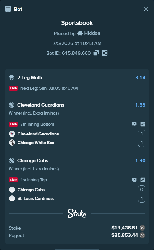 Bet slip: Chicago Cubs - St. Louis Cardinals, $11,155.26 stake at 1.90 odds, placed by Hidden
