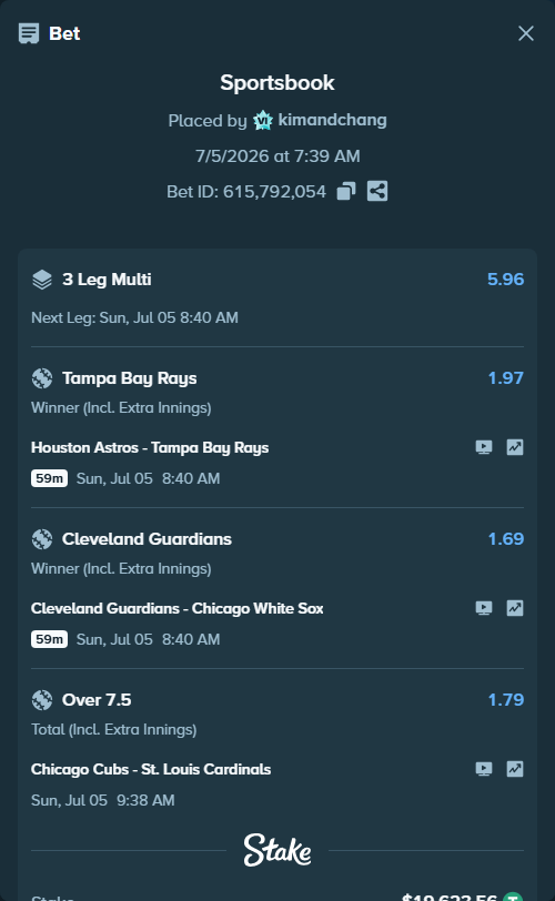 Bet slip: Chicago Cubs - St. Louis Cardinals, $19,623.56 stake at 1.79 odds, placed by kimandchang