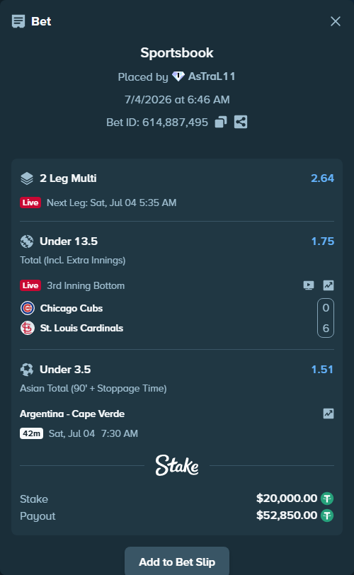 Bet slip: Chicago Cubs - St. Louis Cardinals, $20,020.00 stake at 1.75 odds, placed by AsTraL11