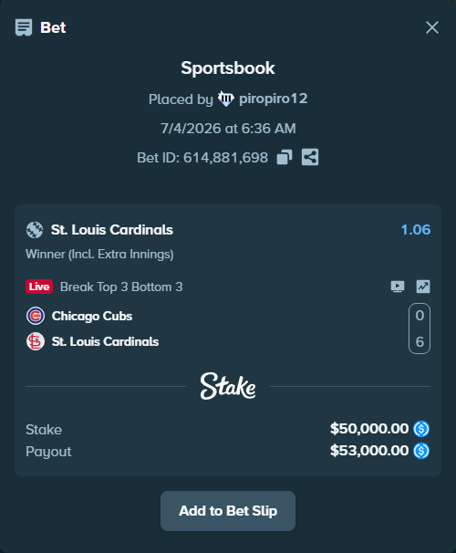Bet slip: Chicago Cubs - St. Louis Cardinals, $50,000.00 stake at 1.06 odds, placed by piropiro12