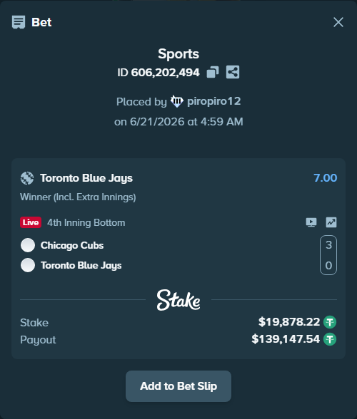 Bet slip: Chicago Cubs - Toronto Blue Jays, $19,898.10 stake at 7.00 odds, placed by piropiro12
