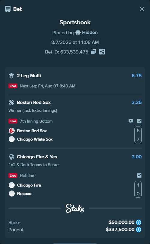 Bet slip: Chicago Fire - Club Necaxa, $50,000.00 stake at 3.00 odds, placed by Hidden