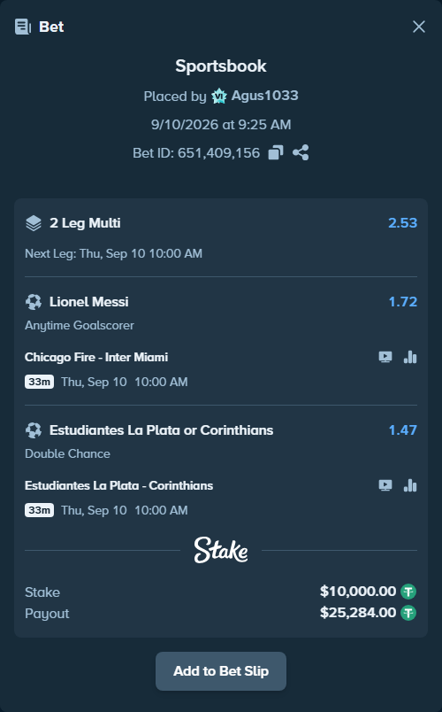 Bet slip: Chicago Fire - Inter Miami, $10,000.00 stake at 1.72 odds, placed by Agus1033