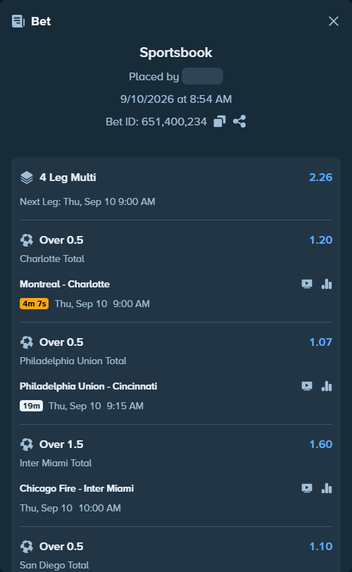 Bet slip: Chicago Fire - Inter Miami, $29,999.00 stake at 1.60 odds, placed by SH7N28
