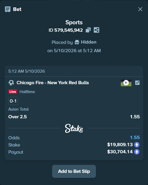 Bet slip: Chicago Fire - New York Red Bulls, $14,758.47 stake at 1.55 odds, placed by Hidden