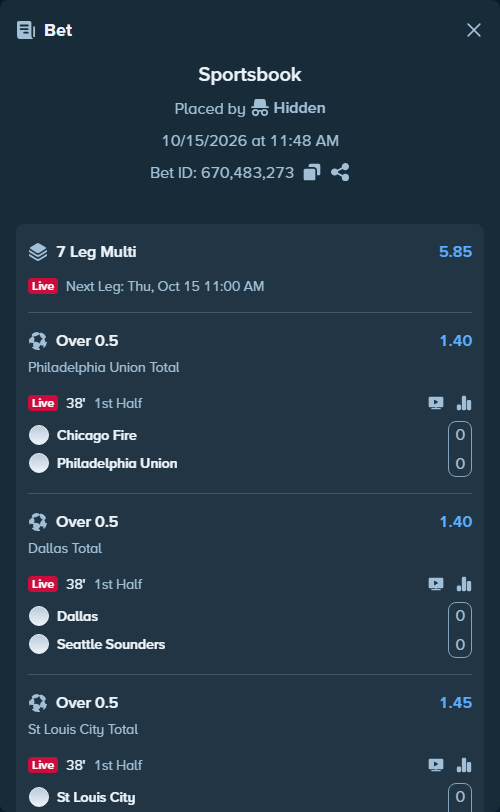 Bet slip: Chicago Fire - Philadelphia Union, $19,999.00 stake at 1.40 odds, placed by SH7N28