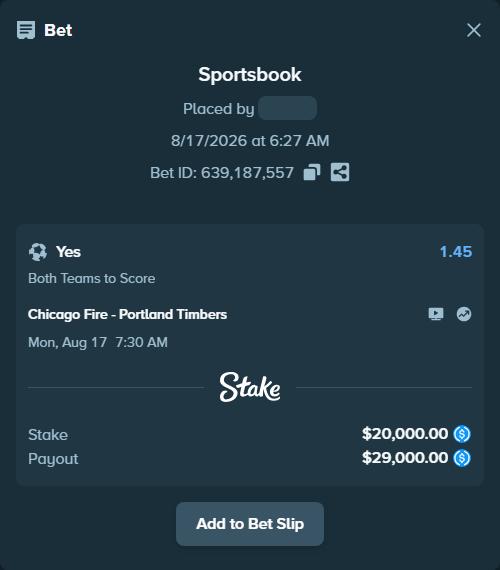 Bet slip: Chicago Fire - Portland Timbers, $20,000.00 stake at 1.45 odds, placed by Fekah4