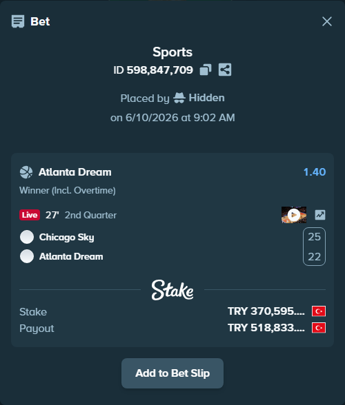 Bet slip: Chicago Sky - Atlanta Dream, $11,117.85 stake at 1.40 odds, placed by Hidden