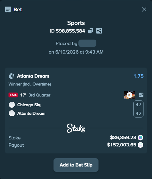 Bet slip: Chicago Sky - Atlanta Dream, $98,004.29 stake at 1.75 odds, placed by Prettylfacko98