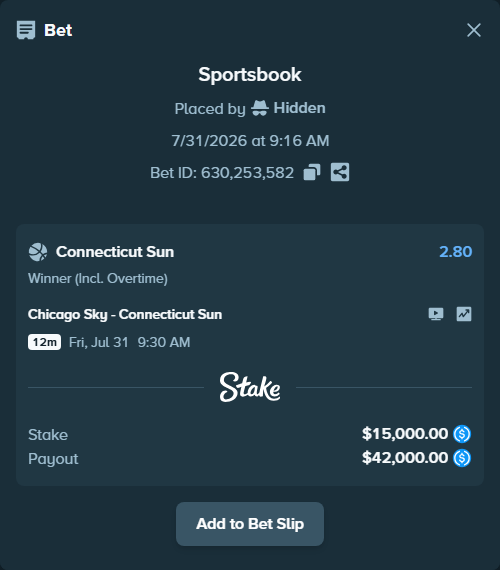 Bet slip: Chicago Sky - Connecticut Sun, $15,000.00 stake at 2.80 odds, placed by Hidden