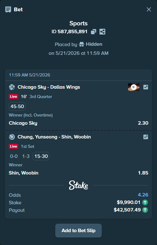 Bet slip: Chicago Sky - Dallas Wings, $10,000.00 stake at 2.30 odds, placed by Hidden