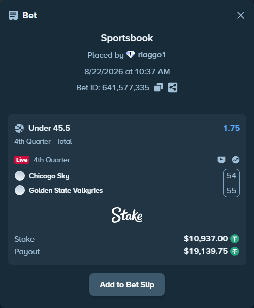Bet slip: Chicago Sky - Golden State Valkyries, $10,937.00 stake at 1.75 odds, placed by riaggo1