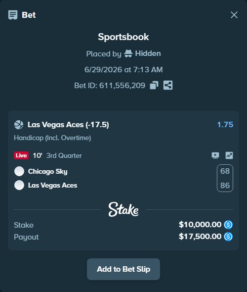 Bet slip: Chicago Sky - Las Vegas Aces, $10,000.00 stake at 1.75 odds, placed by Hidden
