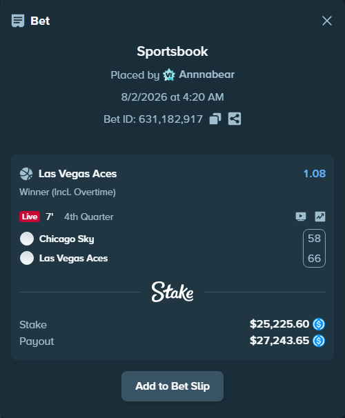 Bet slip: Chicago Sky - Las Vegas Aces, $25,225.60 stake at 1.08 odds, placed by Annnabear