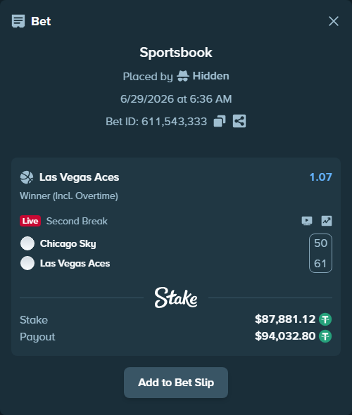 Bet slip: Chicago Sky - Las Vegas Aces, $87,969.00 stake at 1.07 odds, placed by Hidden