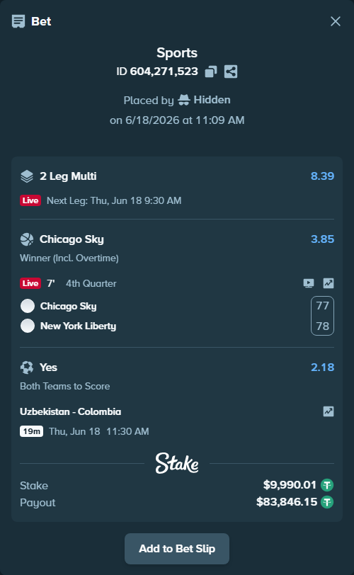 Bet slip: Chicago Sky - New York Liberty, $10,000.00 stake at 3.85 odds, placed by Hidden