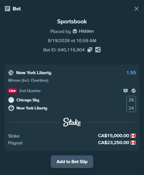 Bet slip: Chicago Sky - New York Liberty, $11,100.00 stake at 1.55 odds, placed by Hidden