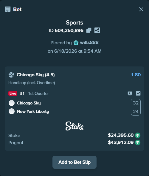 Bet slip: Chicago Sky - New York Liberty, $24,420.00 stake at 1.80 odds, placed by wills888