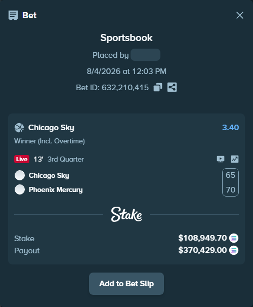 Bet slip: Chicago Sky - Phoenix Mercury, $107,438.78 stake at 3.40 odds, placed by Prettylfacko98