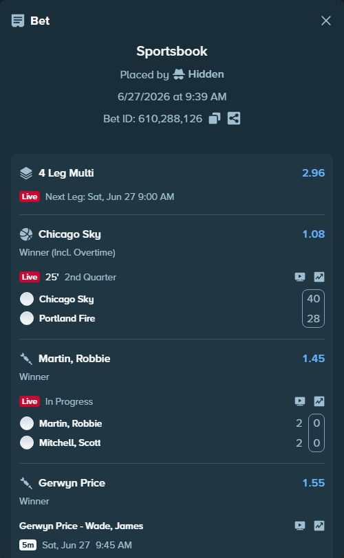 Bet slip: Chicago Sky - Portland Fire, $45,110.91 stake at 1.08 odds, placed by Hidden