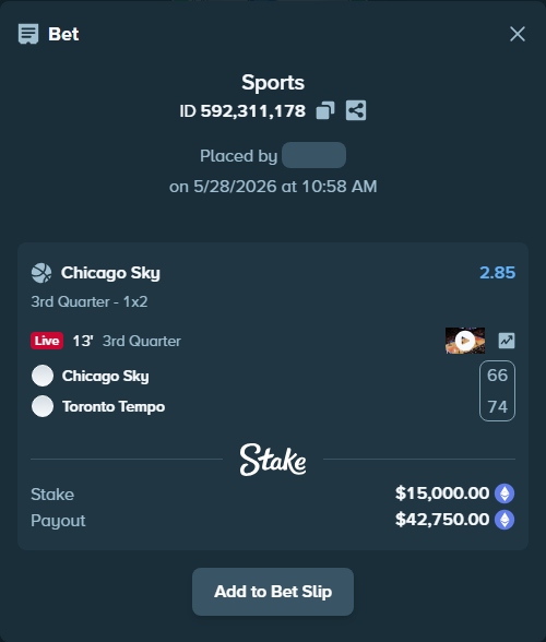 Bet slip: Chicago Sky - Toronto Tempo, $12,856.51 stake at 2.85 odds, placed by azosuka