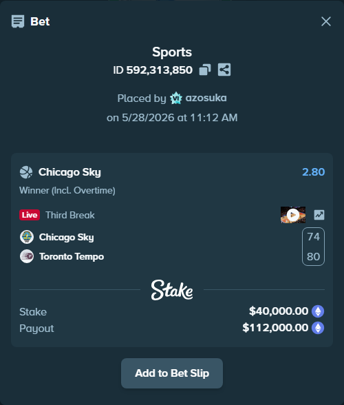 Bet slip: Chicago Sky - Toronto Tempo, $34,415.85 stake at 2.80 odds, placed by azosuka