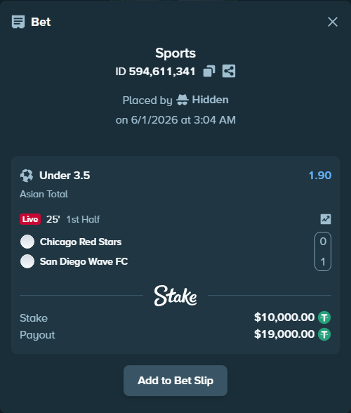 Bet slip: Chicago Stars FC - San Diego Wave FC, $10,010.00 stake at 1.90 odds, placed by Hidden