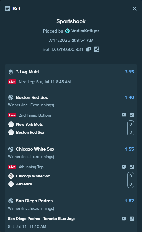 Bet slip: Chicago White Sox - Athletics, $10,000.00 stake at 1.55 odds, placed by VadimKotlyar