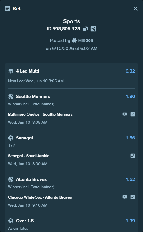 Bet slip: Chicago White Sox - Atlanta Braves, $17,379.05 stake at 1.62 odds, placed by Hidden