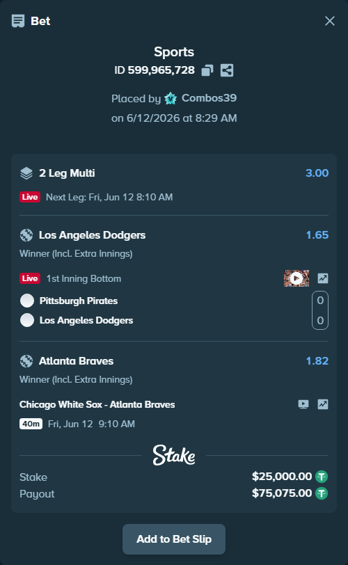Bet slip: Chicago White Sox - Atlanta Braves, $25,025.00 stake at 1.82 odds, placed by Combos39