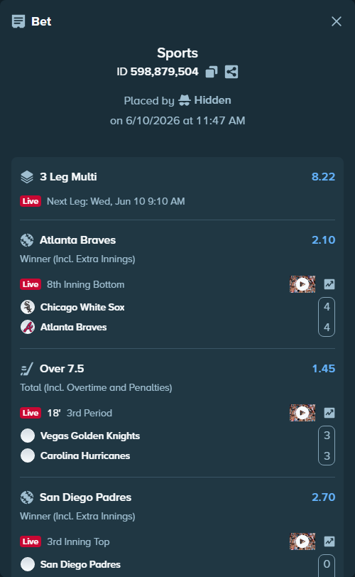 Bet slip: Chicago White Sox - Atlanta Braves, $30,249.47 stake at 2.10 odds, placed by Hidden