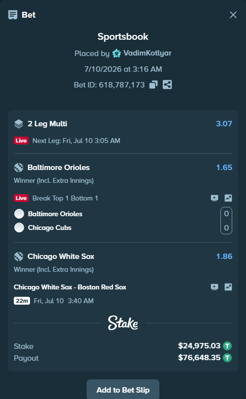 Bet slip: Chicago White Sox - Boston Red Sox, $25,000.00 stake at 1.86 odds, placed by VadimKotlyar