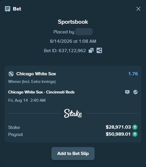 Bet slip: Chicago White Sox - Cincinnati Reds, $29,000.00 stake at 1.76 odds, placed by mkunerth