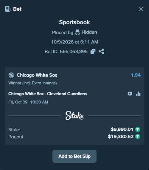 Bet slip: Chicago White Sox - Cleveland Guardians, $10,000.00 stake at 1.94 odds, placed by luckysevenfr