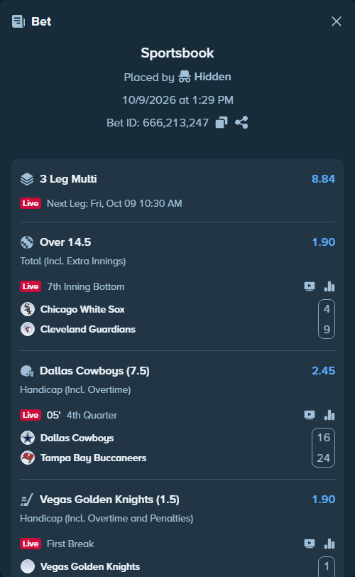 Bet slip: Chicago White Sox - Cleveland Guardians, $100,000.00 stake at 1.90 odds, placed by Hidden