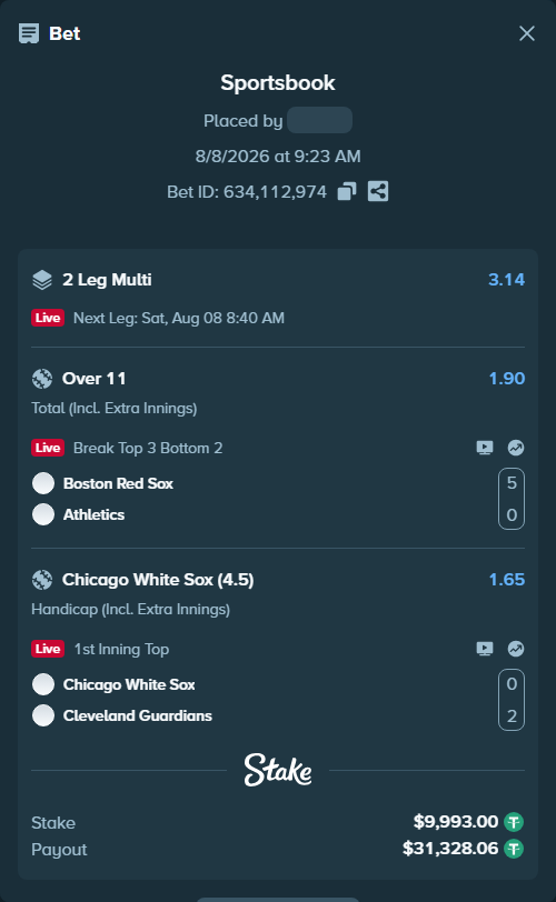 Bet slip: Chicago White Sox - Cleveland Guardians, $10,002.99 stake at 1.65 odds, placed by djawoals