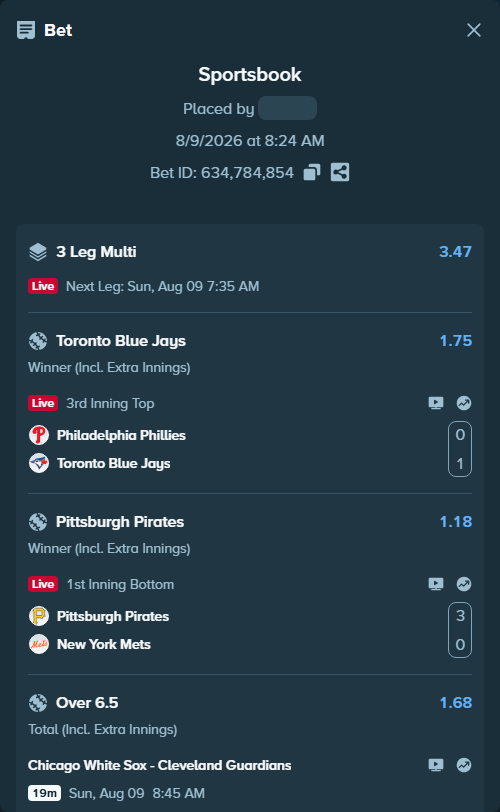 Bet slip: Chicago White Sox - Cleveland Guardians, $10,003.99 stake at 1.68 odds, placed by djawoals