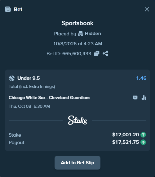 Bet slip: Chicago White Sox - Cleveland Guardians, $12,000.00 stake at 1.46 odds, placed by luckysevenfr