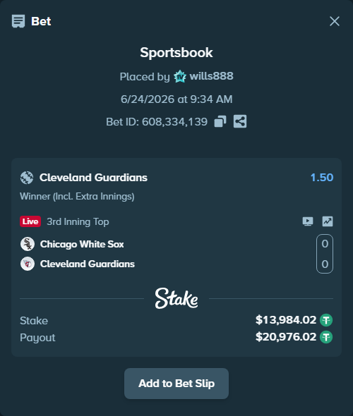 Bet slip: Chicago White Sox - Cleveland Guardians, $13,998.00 stake at 1.50 odds, placed by wills888