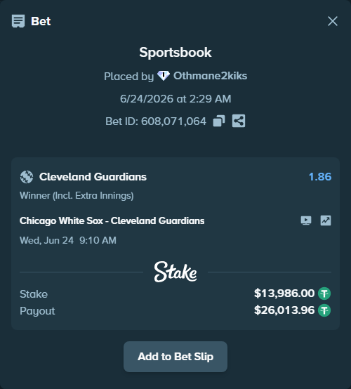 Bet slip: Chicago White Sox - Cleveland Guardians, $13,999.99 stake at 1.86 odds, placed by Othmane2kiks