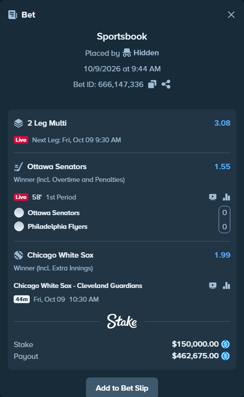 Bet slip: Chicago White Sox - Cleveland Guardians, $150,000.00 stake at 1.99 odds, placed by Hidden