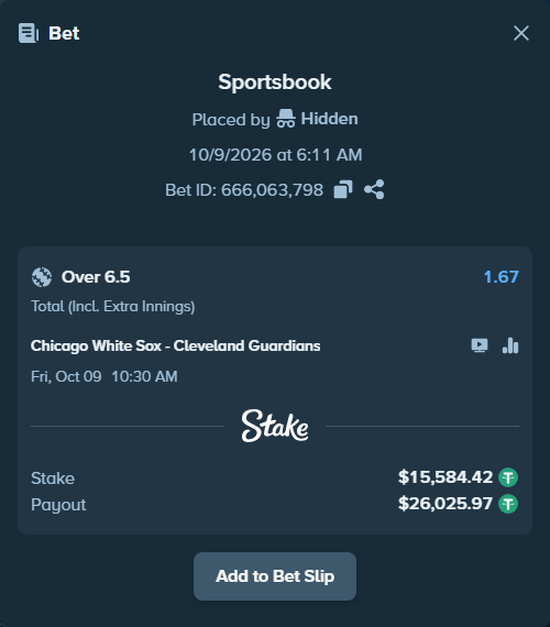 Bet slip: Chicago White Sox - Cleveland Guardians, $15,600.00 stake at 1.67 odds, placed by luckysevenfr