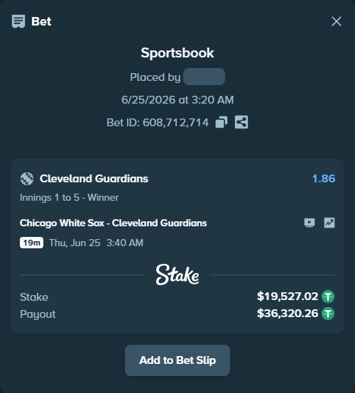 Bet slip: Chicago White Sox - Cleveland Guardians, $19,546.55 stake at 1.86 odds, placed by 토사장체크카드